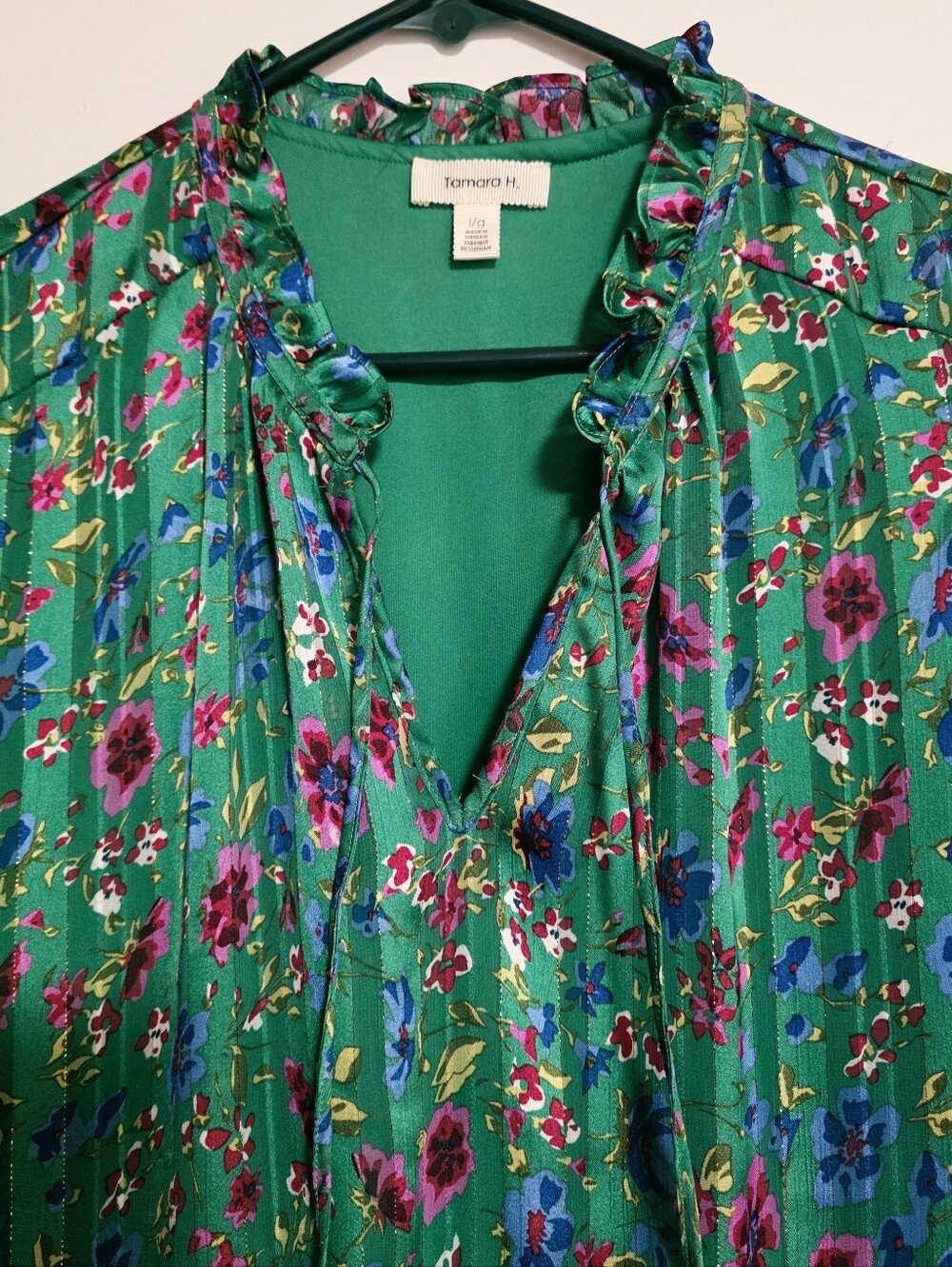 Tamara H Floral Pleated Ruffle Neck Flutter Sleeve Blouse Bubble Hem Green Large - Picture 2 of 12